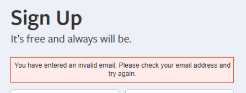 Facebook: você digitou um email inválido